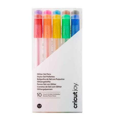 2009964 - Cricut Joy Glitter Gel Rainbow Pen Set 10ct; 10 Glitter Gel Pens (0.8 mm) in Red, Orange, Yellow, Green, Blue, Purple, Pink, Light Blue, Brown, Black; Embellish projects with personal notes or drawings; For use with cards, paper & more; For Cricut Joy™ cutting machines; Water-based, acid-free, nontoxic; conforms to ASTM D-4236